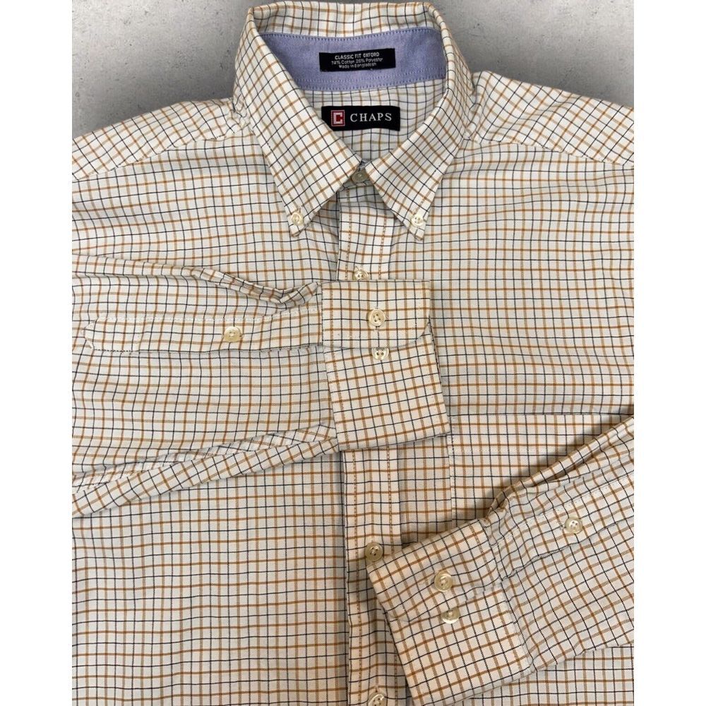 Chaps Classic Fit White Tan Blue Oxford Plaid Long Sleeve Shirt 15.5‎ Medium